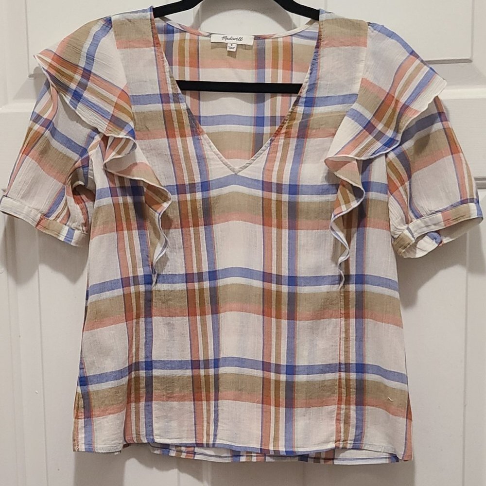 Madewell Plaid Short Sleeve V Neck Lightweight Shoulder Ruffle Top Small - Picture 6 of 7